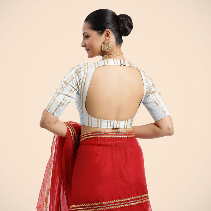 Shaheen x Tyohaar | Pearl White Elbow Sleeves FlexiFit™ Saree Blouse with Zero Neck with Back Cut-Out and Golden Gota Embellishment-Binks