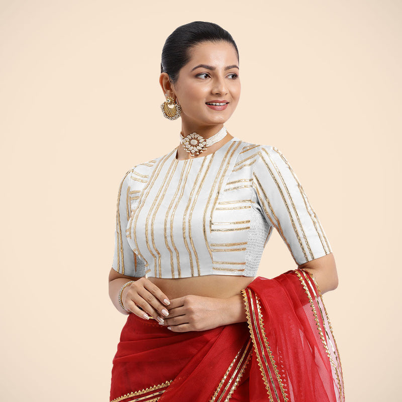 Shaheen x Tyohaar | Pearl White Elbow Sleeves FlexiFit™ Saree Blouse with Zero Neck with Back Cut-Out and Golden Gota Embellishment-Binks