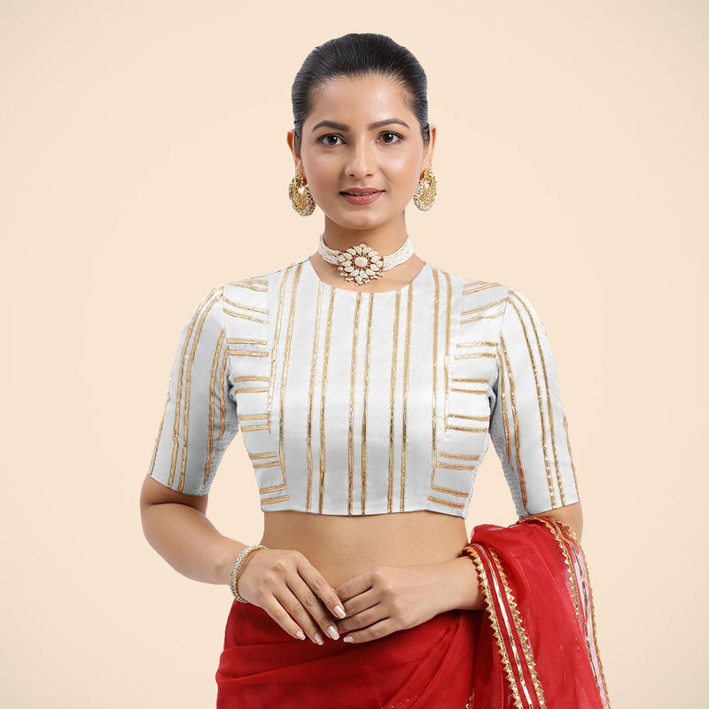 Shaheen x Tyohaar | Pearl White Elbow Sleeves FlexiFit™ Saree Blouse with Zero Neck with Back Cut-Out and Golden Gota Embellishment-Binks