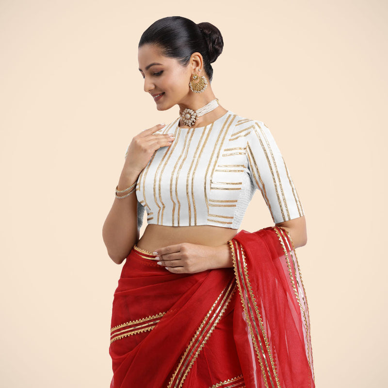 Shaheen x Tyohaar | Pearl White Elbow Sleeves FlexiFit™ Saree Blouse with Zero Neck with Back Cut-Out and Golden Gota Embellishment-Binks