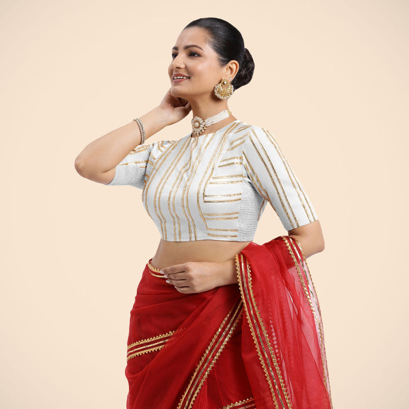 Shaheen x Tyohaar | Pearl White Elbow Sleeves FlexiFit™ Saree Blouse with Zero Neck with Back Cut-Out and Golden Gota Embellishment-Binks