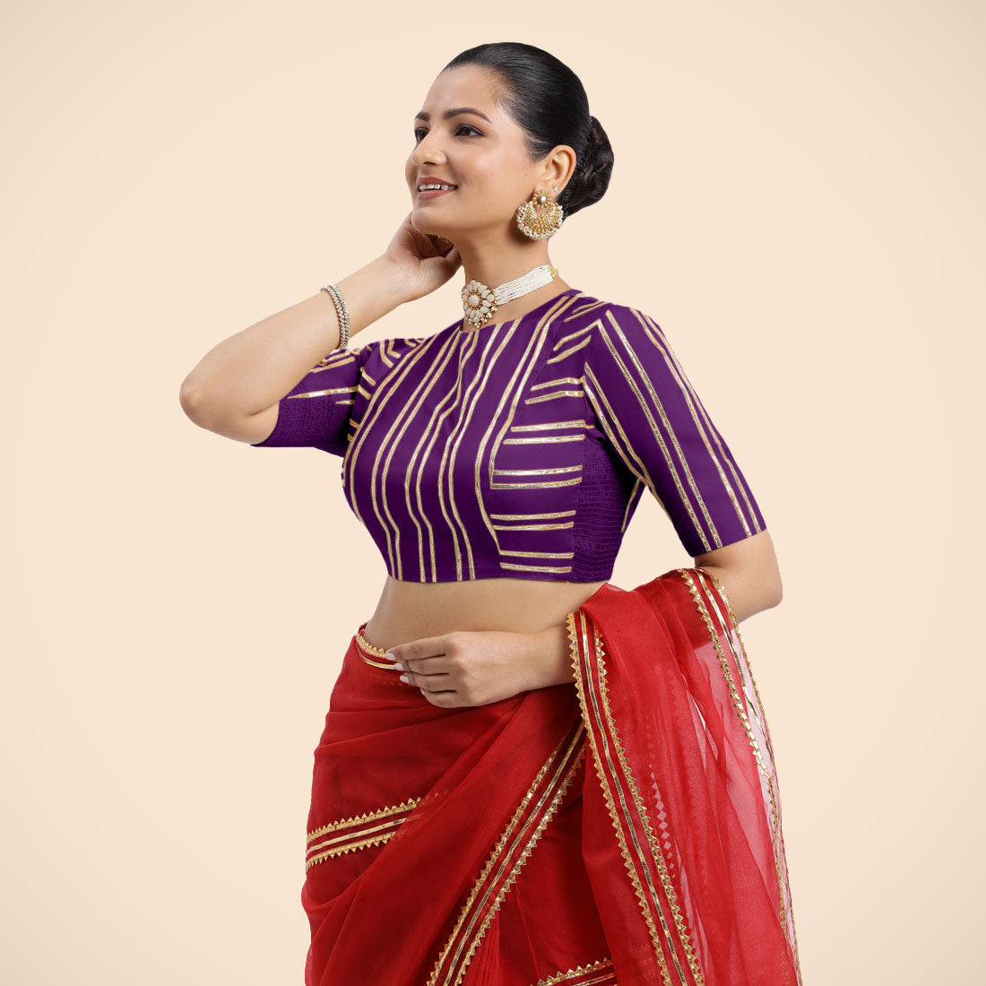 Shaheen x Tyohaar Saree Blouse, in Purple Vegan Silk, featuring elbow sleeves, made for party & festive.