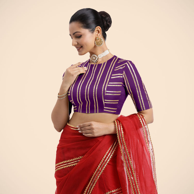 Shaheen x Tyohaar | Purple Elbow Sleeves FlexiFit™ Saree Blouse with Zero Neck with Back Cut-Out and Golden Gota Embellishment-Binks