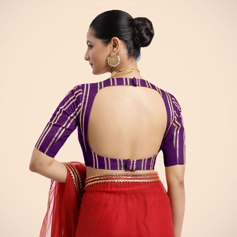 Shaheen x Tyohaar | Purple Elbow Sleeves FlexiFit™ Saree Blouse with Zero Neck with Back Cut-Out and Golden Gota Embellishment-Binks
