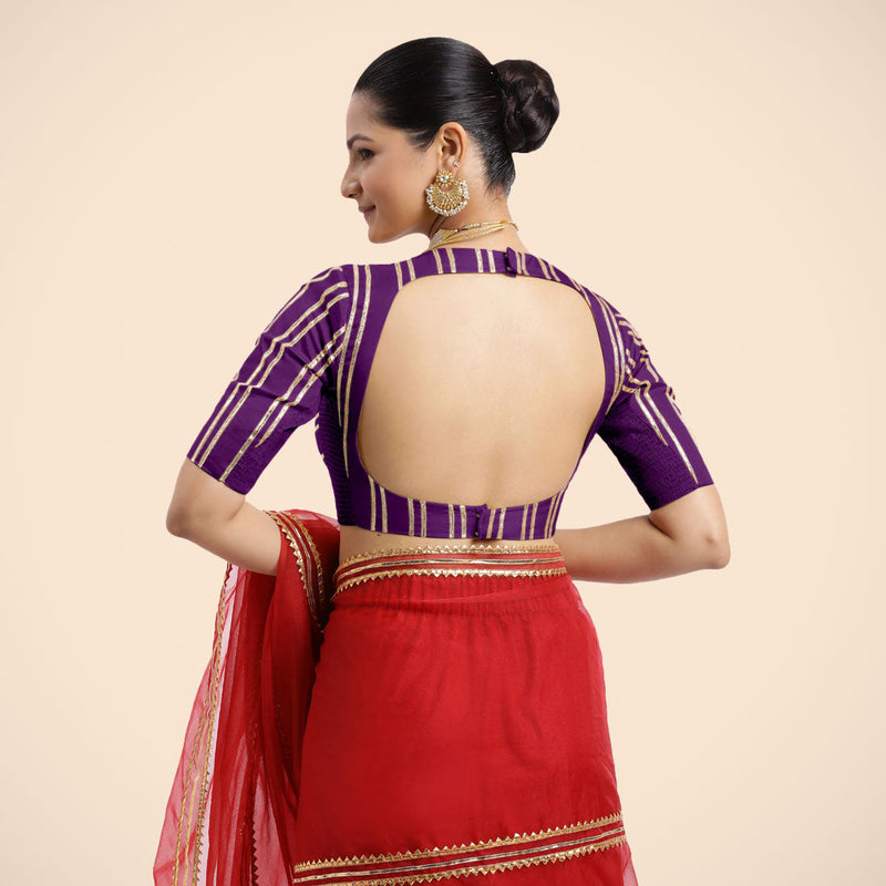 Shaheen x Tyohaar | Purple Elbow Sleeves FlexiFit™ Saree Blouse with Zero Neck with Back Cut-Out and Golden Gota Embellishment-Binks