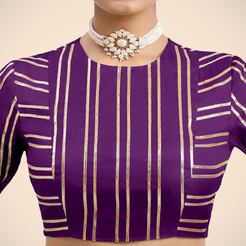 Shaheen x Tyohaar | Purple Elbow Sleeves FlexiFit™ Saree Blouse with Zero Neck with Back Cut-Out and Golden Gota Embellishment-Binks