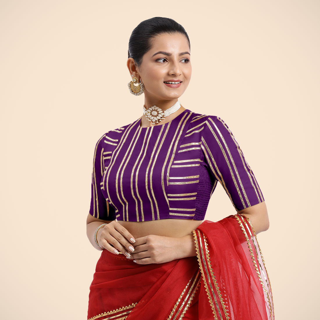Shaheen x Tyohaar Saree Blouse, in Purple Vegan Silk, featuring elbow sleeves, made for party & festive (view 8).