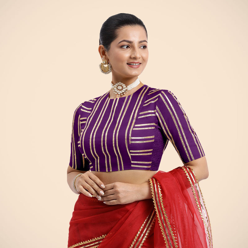 Shaheen x Tyohaar | Purple Elbow Sleeves FlexiFit™ Saree Blouse with Zero Neck with Back Cut-Out and Golden Gota Embellishment-Binks