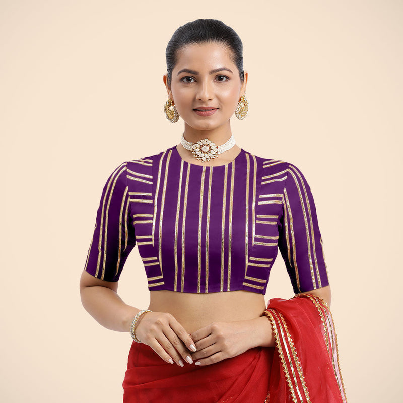 Shaheen x Tyohaar | Purple Elbow Sleeves FlexiFit™ Saree Blouse with Zero Neck with Back Cut-Out and Golden Gota Embellishment-Binks