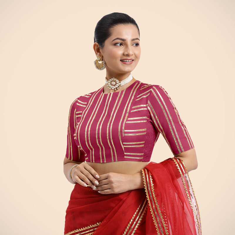 Shaheen x Tyohaar | Rani Pink Elbow Sleeves FlexiFit™ Saree Blouse with Zero Neck with Back Cut-Out and Golden Gota Embellishment-Binks