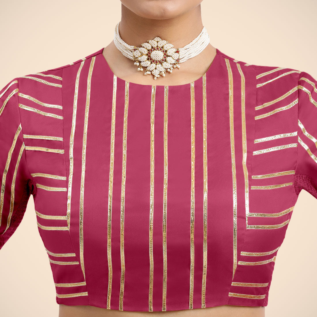Shaheen x Tyohaar Saree Blouse, in Pink Vegan Silk, featuring elbow sleeves, made for party & festive (view 5).
