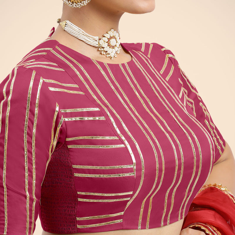 Shaheen x Tyohaar | Rani Pink Elbow Sleeves FlexiFit™ Saree Blouse with Zero Neck with Back Cut-Out and Golden Gota Embellishment-Binks