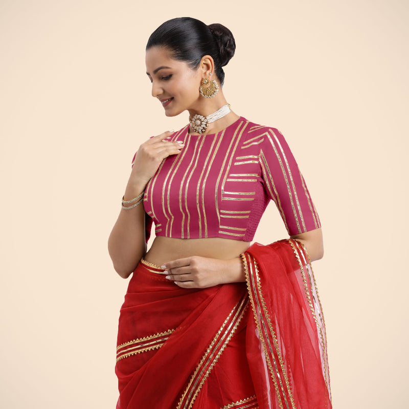 Shaheen x Tyohaar | Rani Pink Elbow Sleeves FlexiFit™ Saree Blouse with Zero Neck with Back Cut-Out and Golden Gota Embellishment-Binks