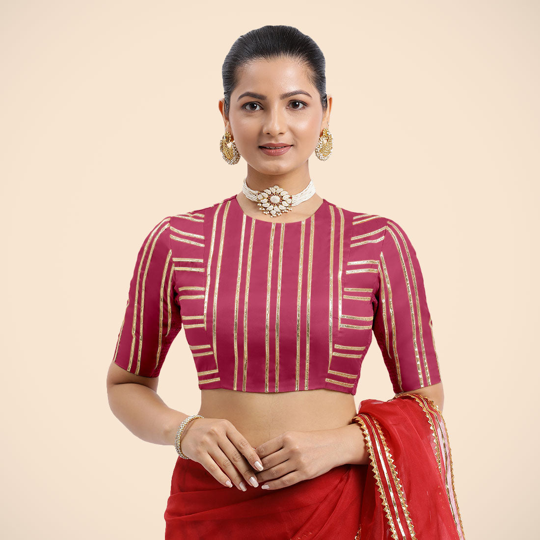 Shaheen x Tyohaar Saree Blouse, in Pink Vegan Silk, featuring elbow sleeves, made for party & festive (view 8).