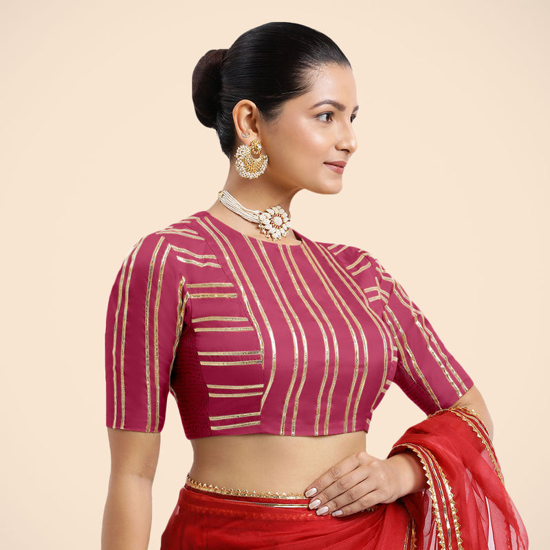 Shaheen x Tyohaar | Rani Pink Elbow Sleeves FlexiFit™ Saree Blouse with Zero Neck with Back Cut-Out and Golden Gota Embellishment-Binks