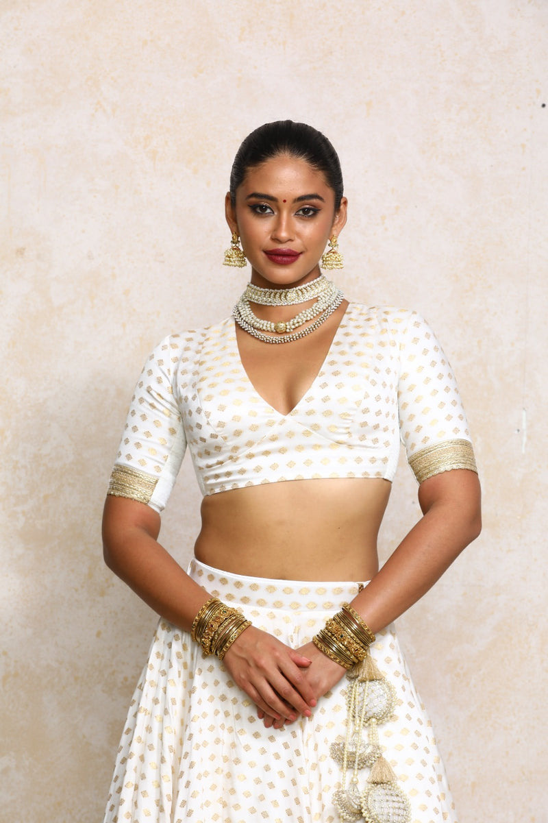 Shaila x Tyohaar | Elbow Sleeves Cream Satin Viscose Butta Saree Blouse-Binks