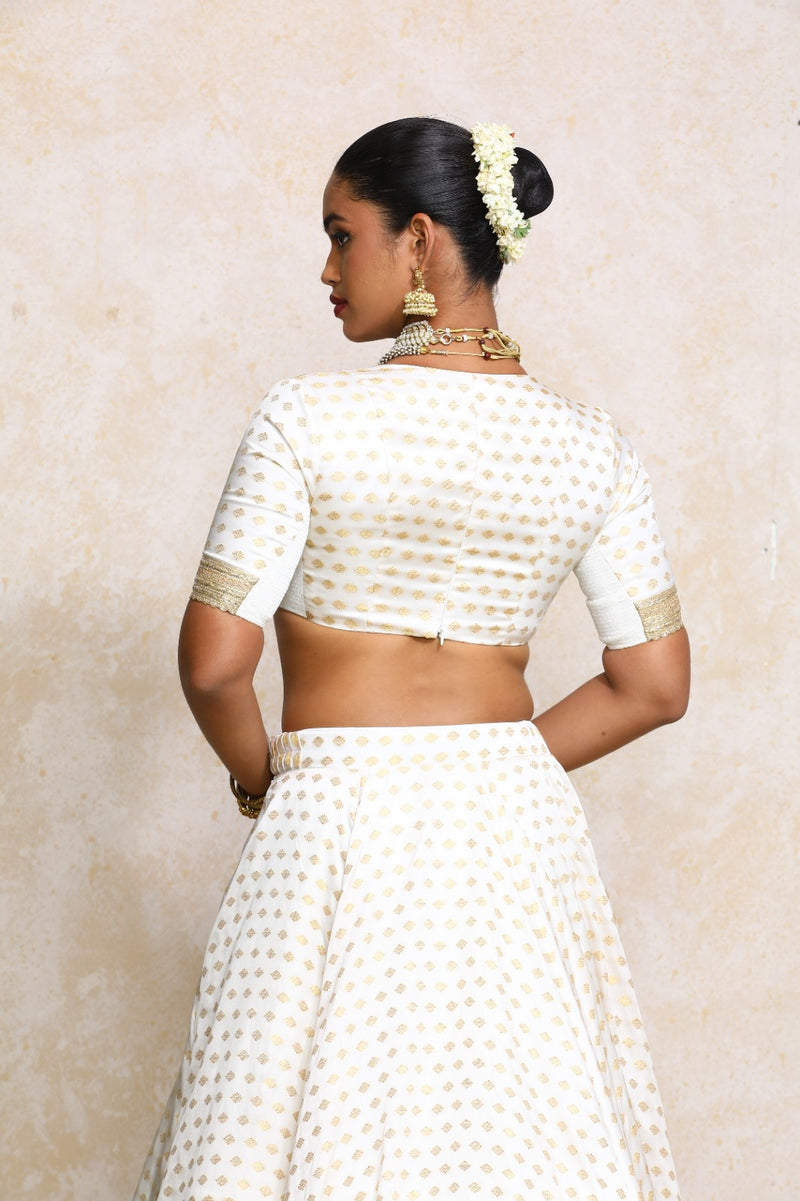 Shaila x Tyohaar | Elbow Sleeves Cream Satin Viscose Butta Saree Blouse-Binks