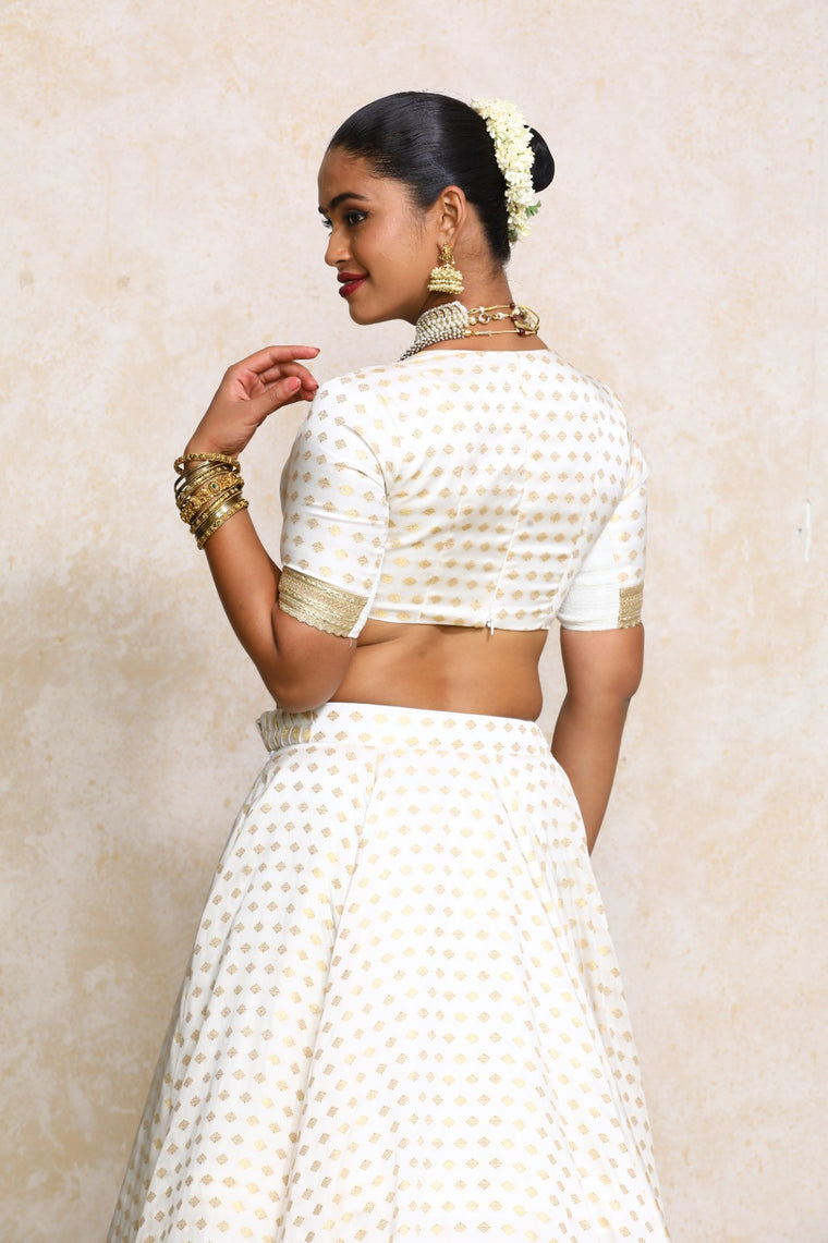 Shaila x Tyohaar Saree Blouse, in White Satin Viscose, featuring elbow sleeves and v-neckline, made for party & festive.