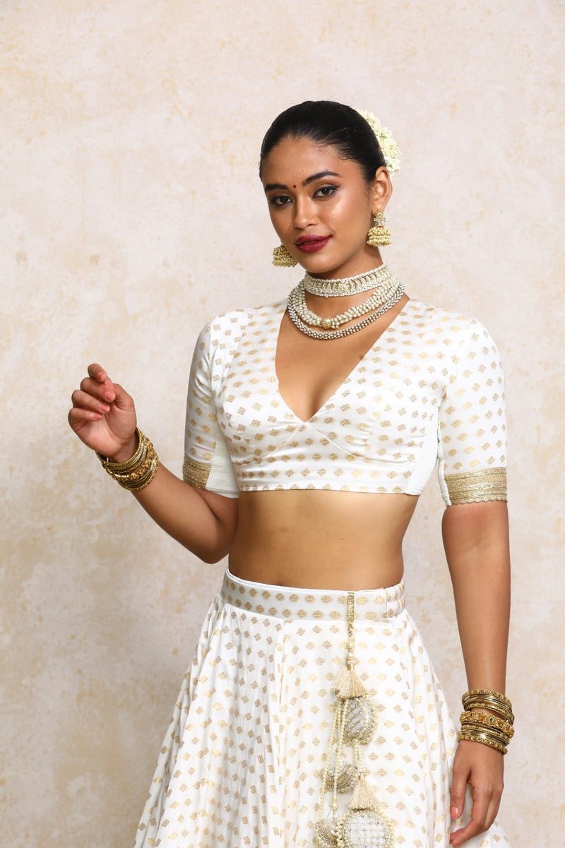 Shaila x Tyohaar | Elbow Sleeves Cream Satin Viscose Butta Saree Blouse-Binks