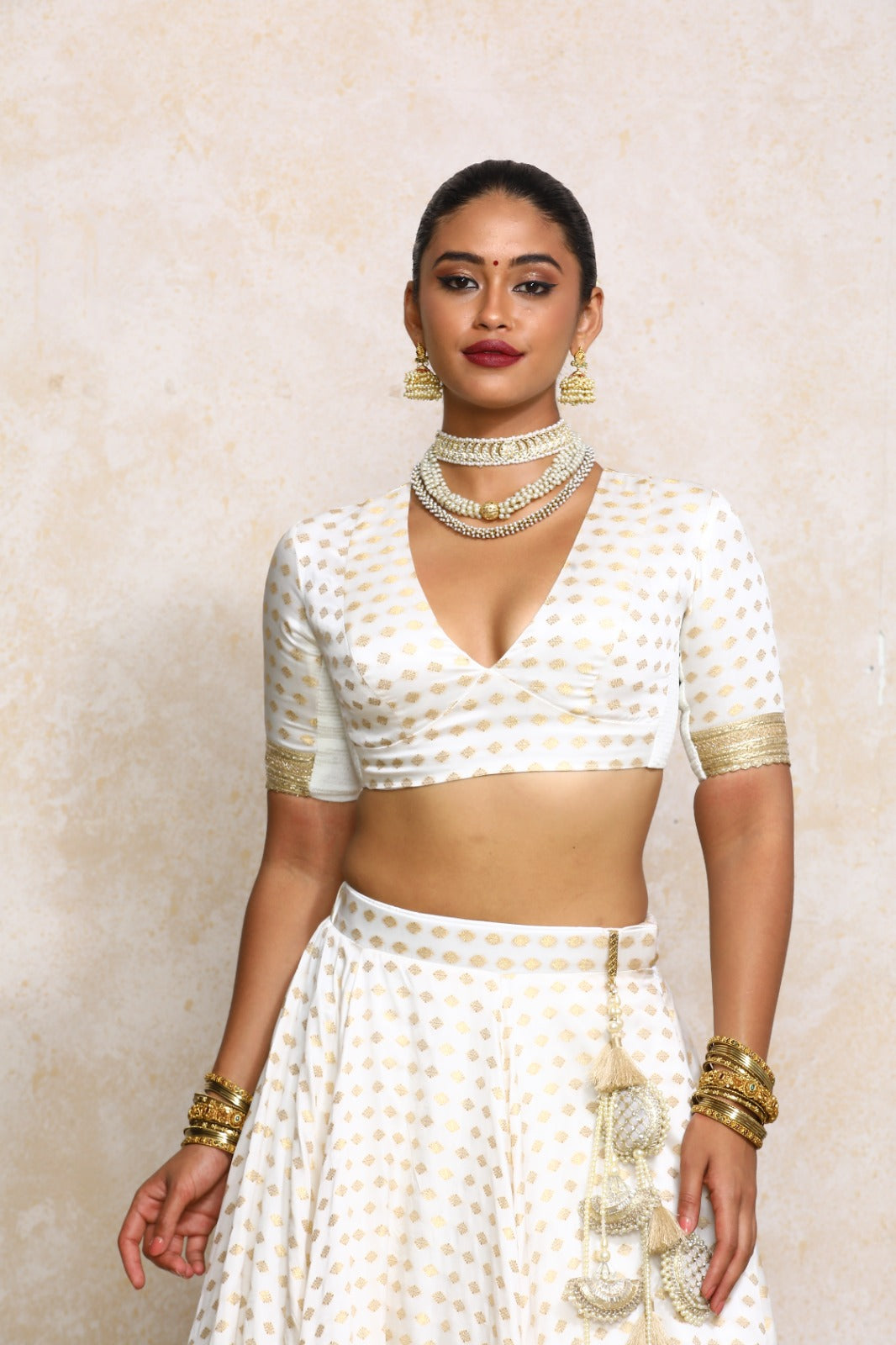 Shaila x Tyohaar Saree Blouse, in White Satin Viscose, featuring elbow sleeves and v-neckline, made for party & festive.