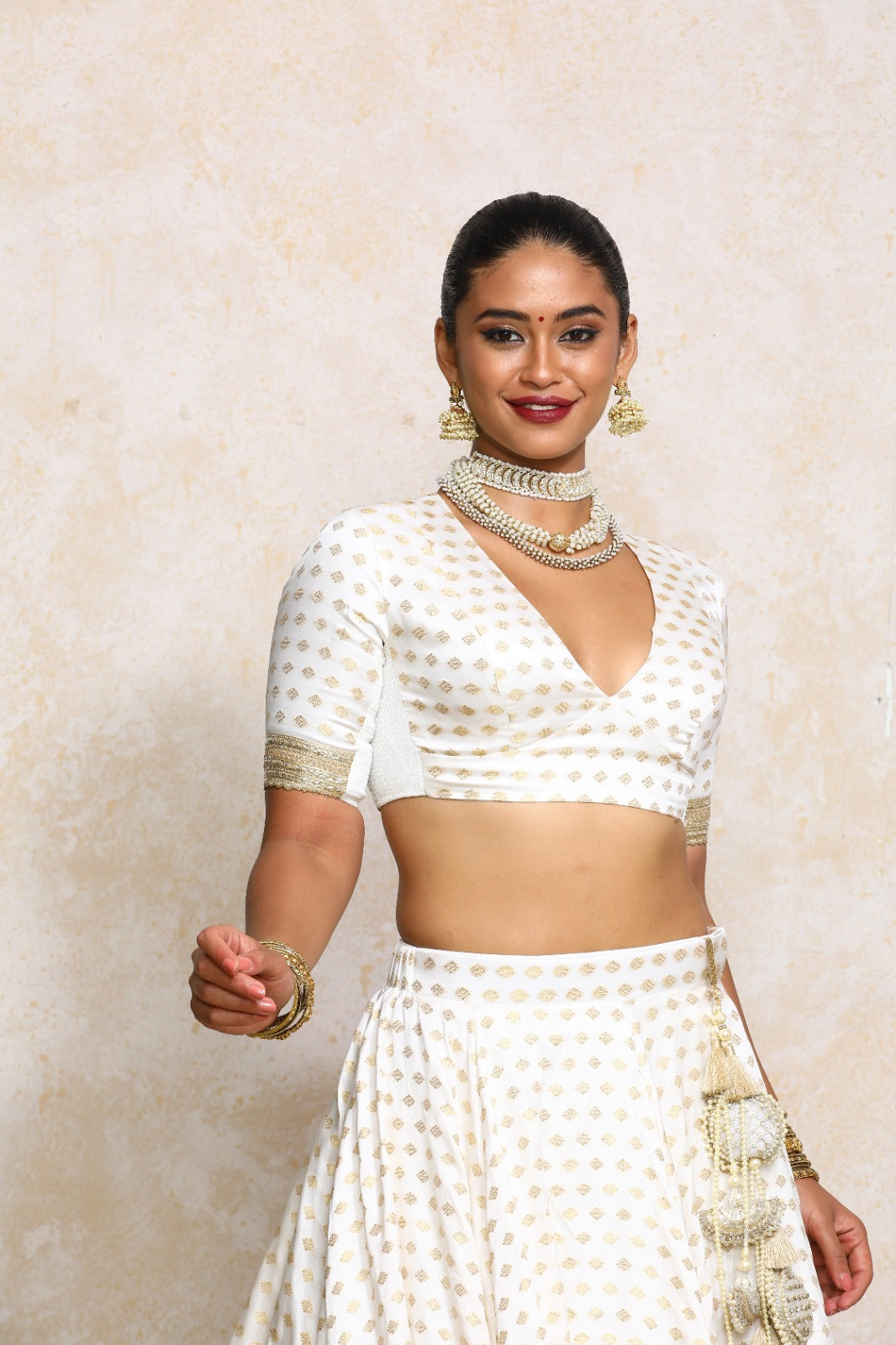 Shaila x Tyohaar Saree Blouse, in White Satin Viscose, featuring elbow sleeves and v-neckline, made for party & festive.