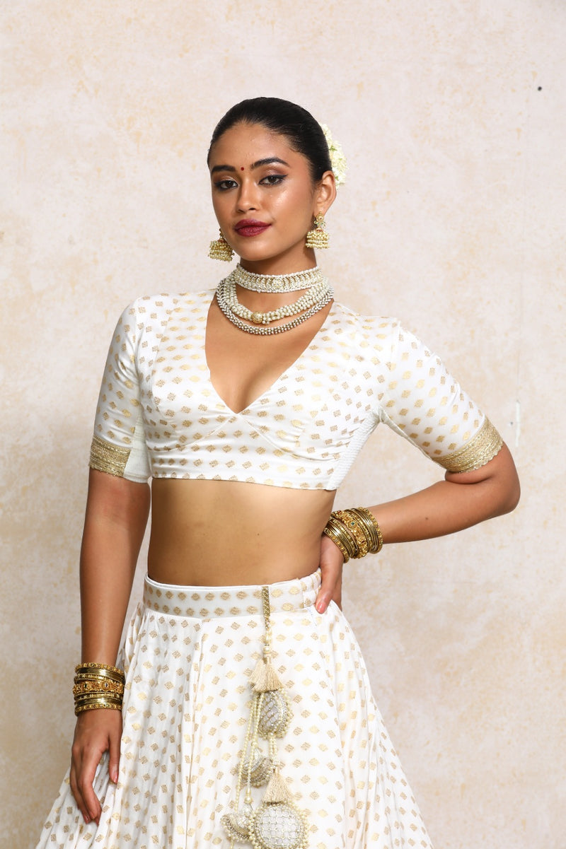 Shaila x Tyohaar | Elbow Sleeves Cream Satin Viscose Butta Saree Blouse-Binks