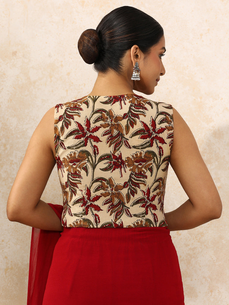 Shanya x Rozaana Saree Blouse, in Cream 100% Cotton - Block Printed, featuring sleeveless and round neckline (view 2).