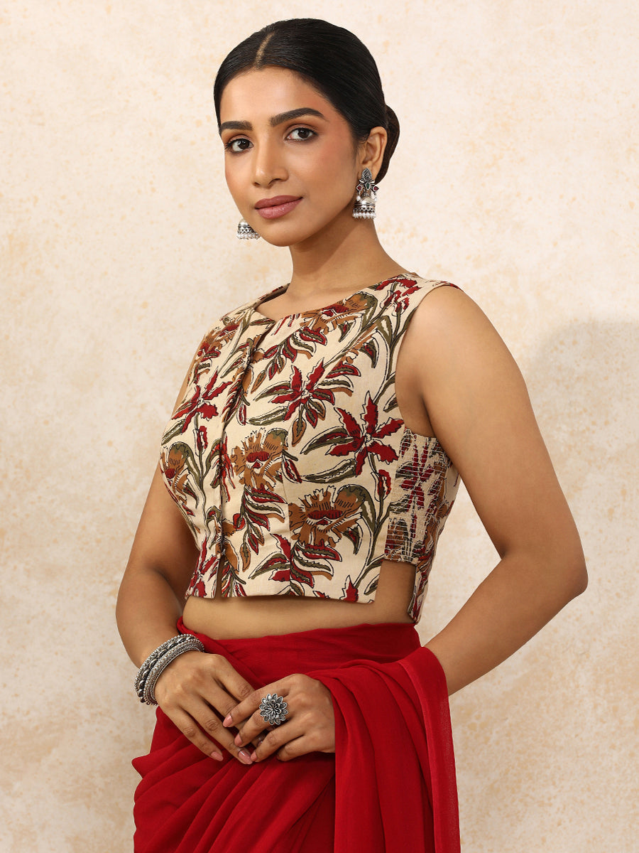 Shanya x Rozaana Saree Blouse, in Cream 100% Cotton - Block Printed, featuring sleeveless and round neckline (view 8).