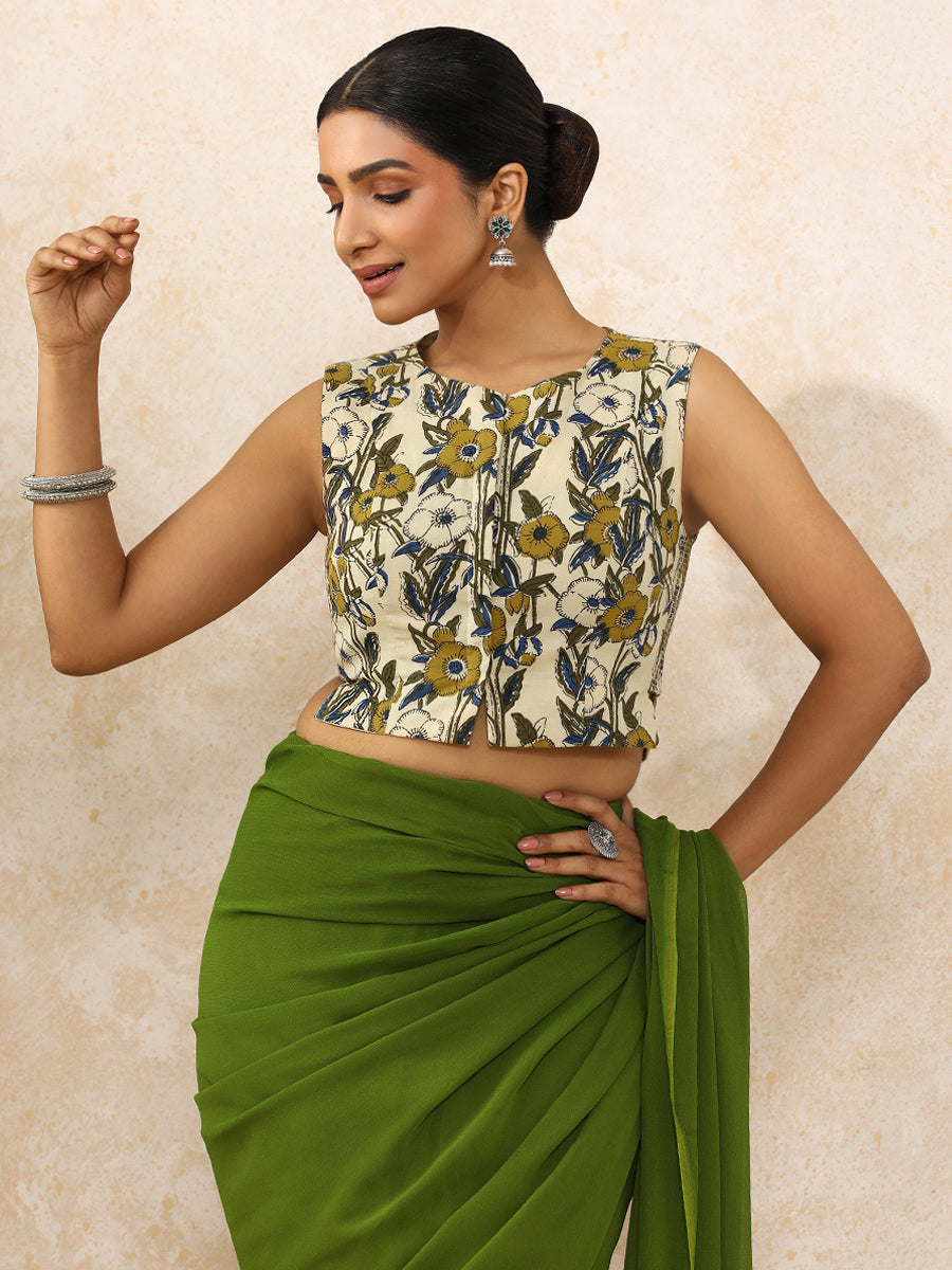 Sharmeen x Rozaana | Sleeveless Saree Blouse in Cream Meadow Block Print Cotton