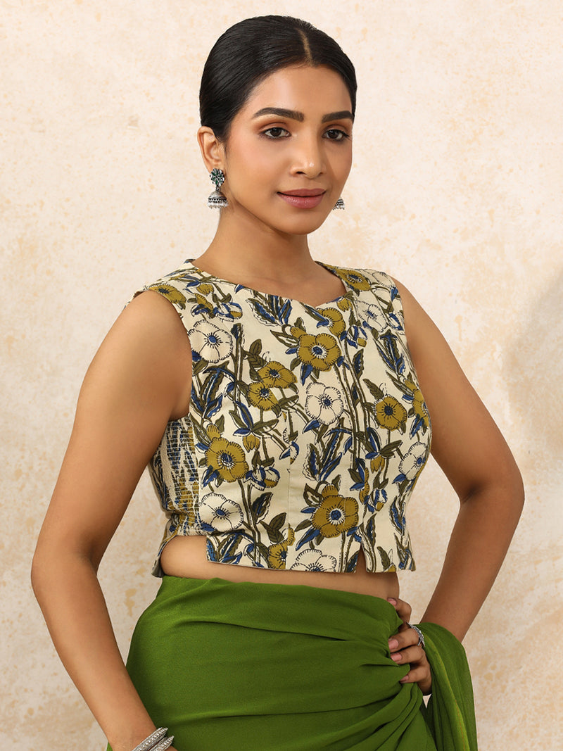 Sharmeen x Rozaana | Sleeveless Saree Blouse in Cream Meadow Block Print Cotton-Binks