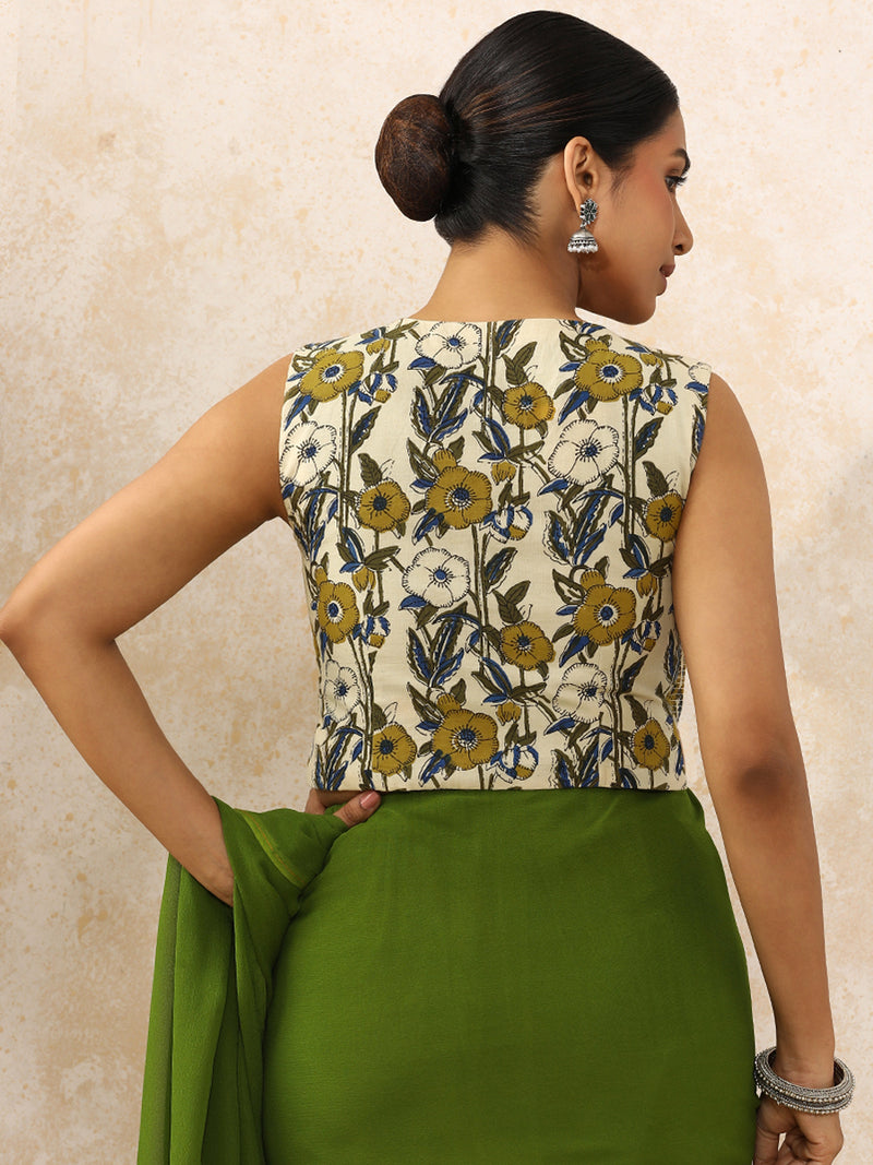 Sharmeen x Rozaana | Sleeveless Saree Blouse in Cream Meadow Block Print Cotton-Binks