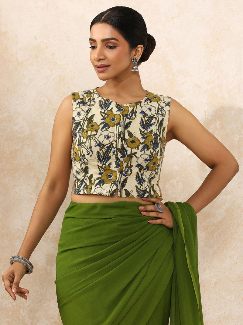 Sharmeen x Rozaana | Sleeveless Saree Blouse in Cream Meadow Block Print Cotton-Binks