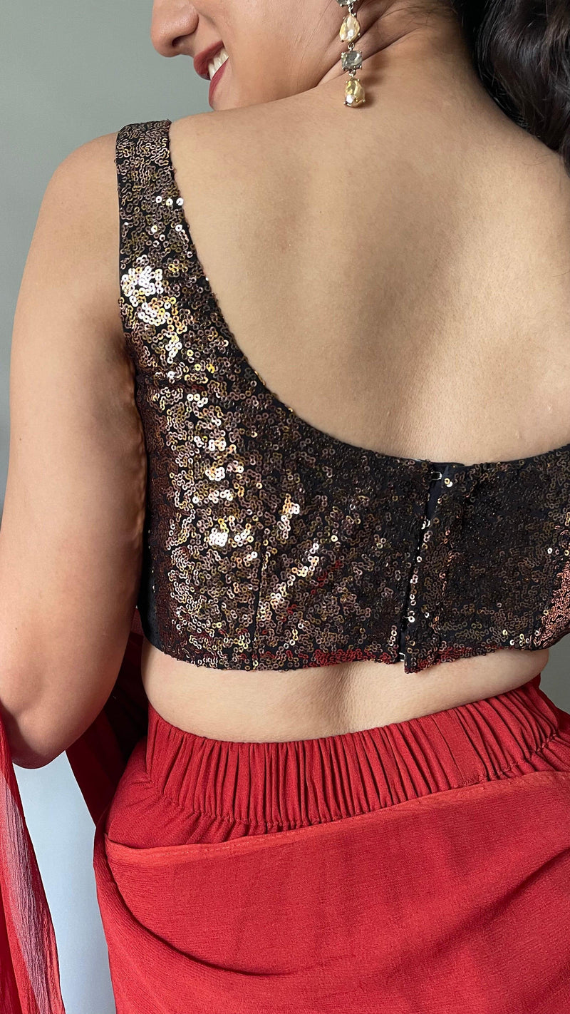 Sheela x Tyohaar | Sleeveless Black & Gold Sequined Shimmer Saree Blouse with Round Neck-Binks