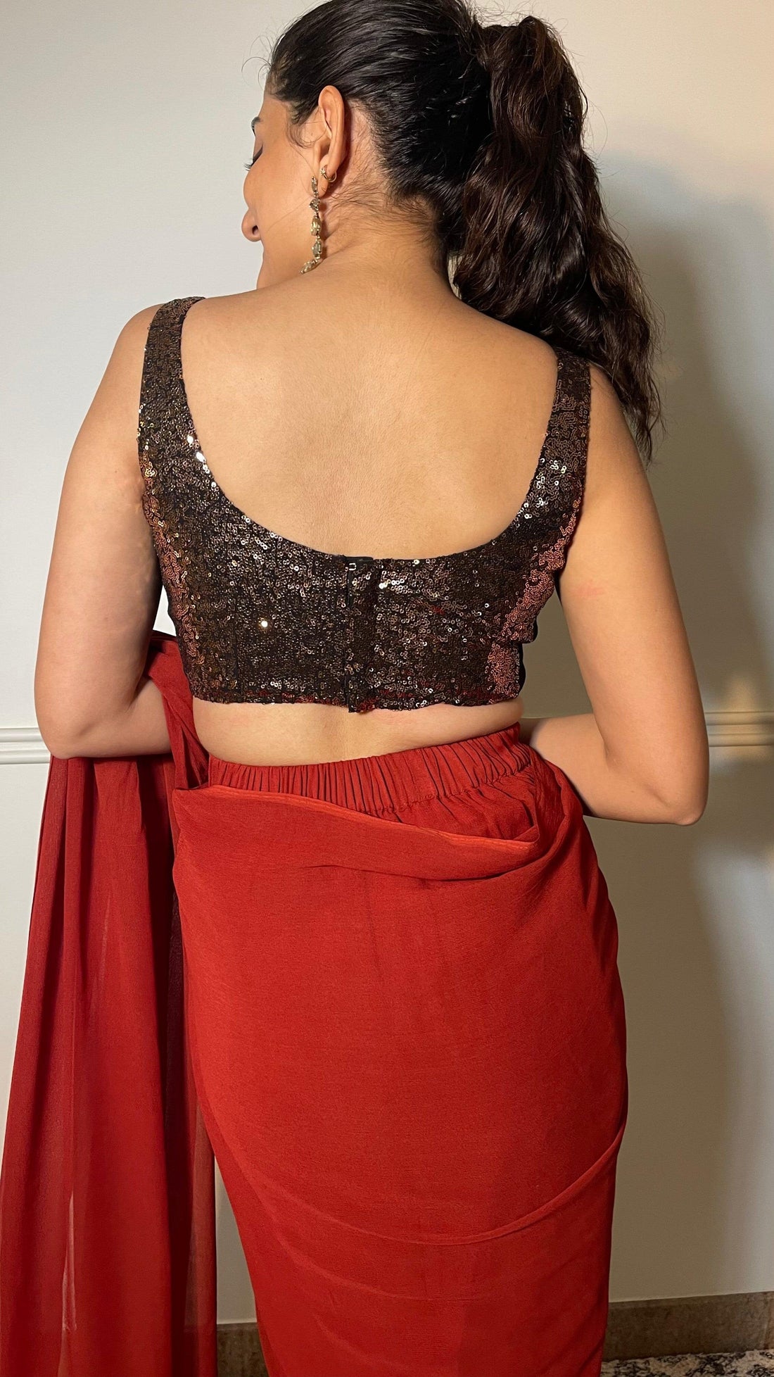 Sheela x Tyohaar Saree Blouse, in Gold Sequin, featuring sleeveless, made for party & festive (view 2).