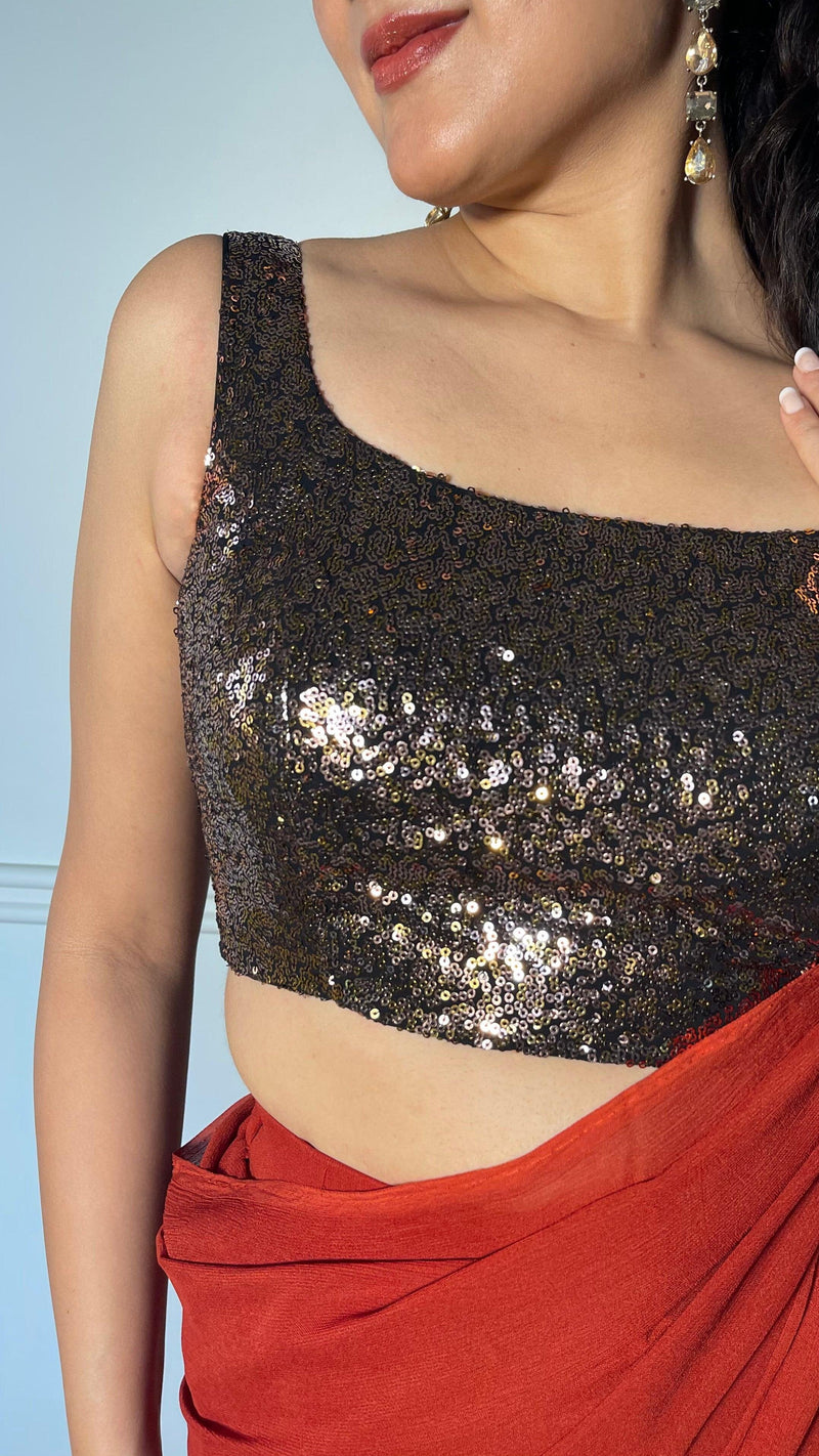 Sheela x Tyohaar | Sleeveless Black & Gold Sequined Shimmer Saree Blouse with Round Neck-Binks