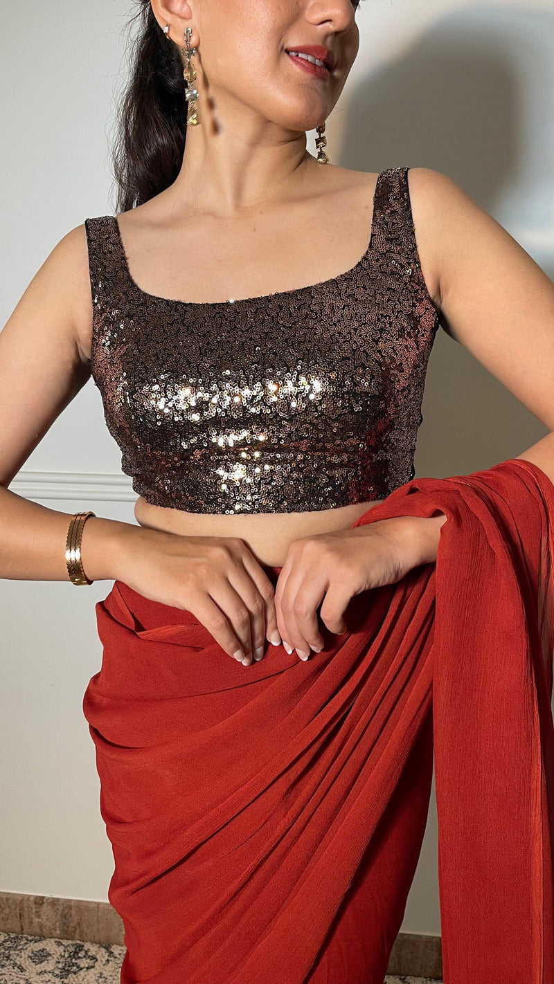 Sheela x Tyohaar | Sleeveless Black & Gold Sequined Shimmer Saree Blouse with Round Neck-Binks