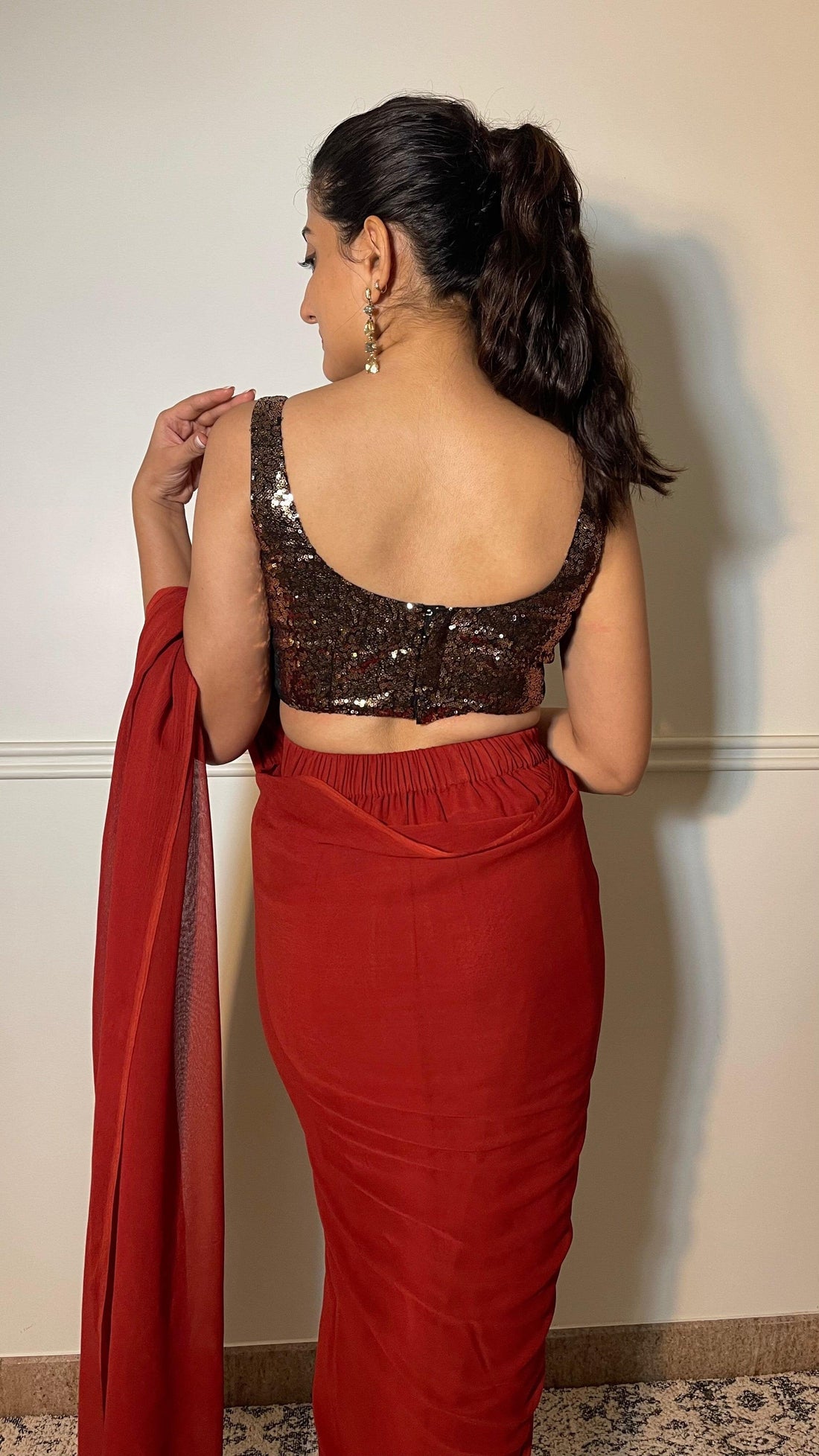 Sheela x Tyohaar Saree Blouse, in Gold Sequin, featuring sleeveless, made for party & festive (view 7).