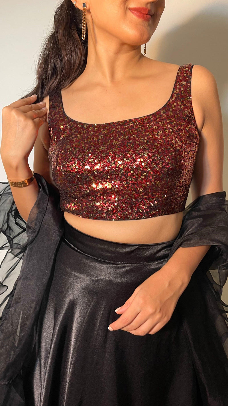 Sheela x Tyohaar | Sleeveless Black & Red Sequined Shimmer Saree Blouse with Round Neck-Binks