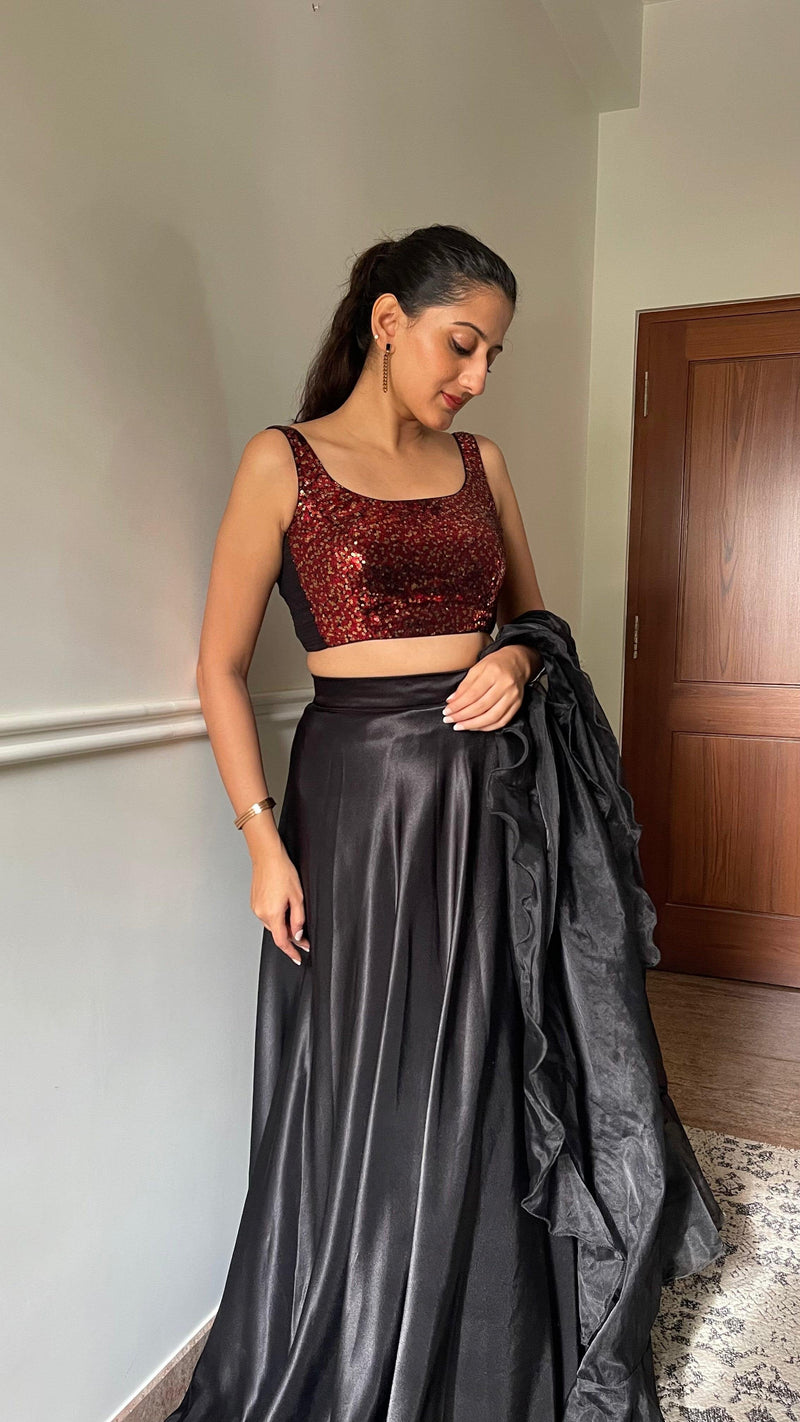 Sheela x Tyohaar | Sleeveless Black & Red Sequined Shimmer Saree Blouse with Round Neck-Binks