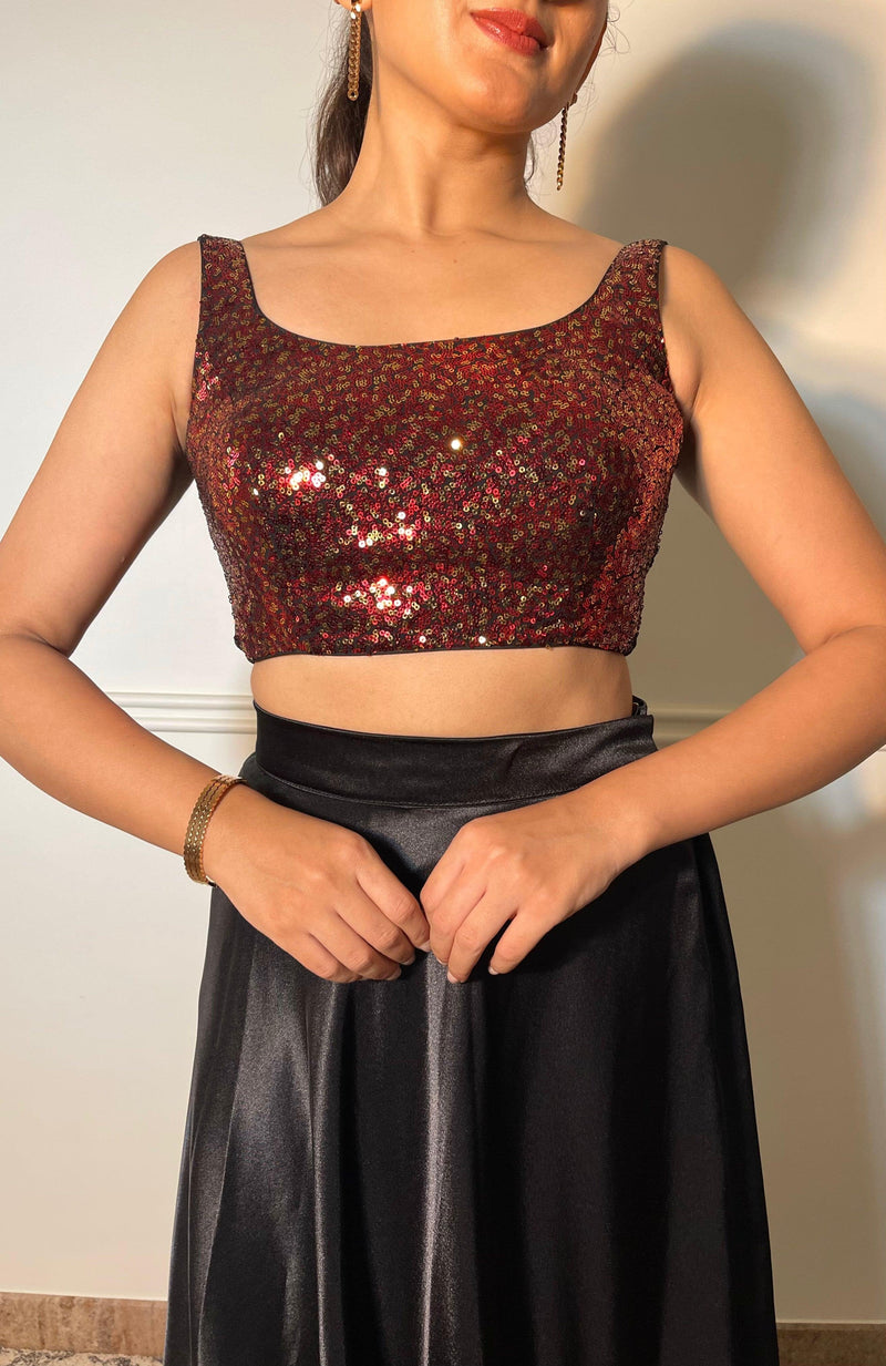 Sheela x Tyohaar | Sleeveless Black & Red Sequined Shimmer Saree Blouse with Round Neck-Binks
