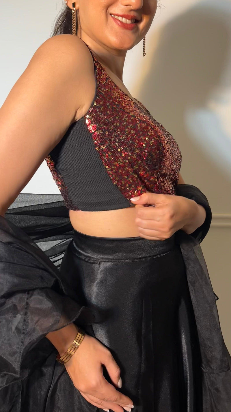 Sheela x Tyohaar | Sleeveless Black & Red Sequined Shimmer Saree Blouse with Round Neck-Binks