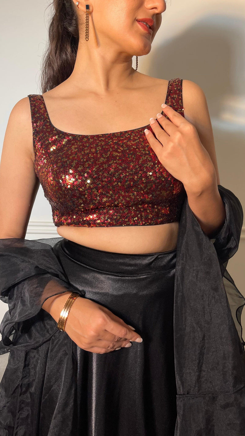Sheela x Tyohaar | Sleeveless Black & Red Sequined Shimmer Saree Blouse with Round Neck-Binks