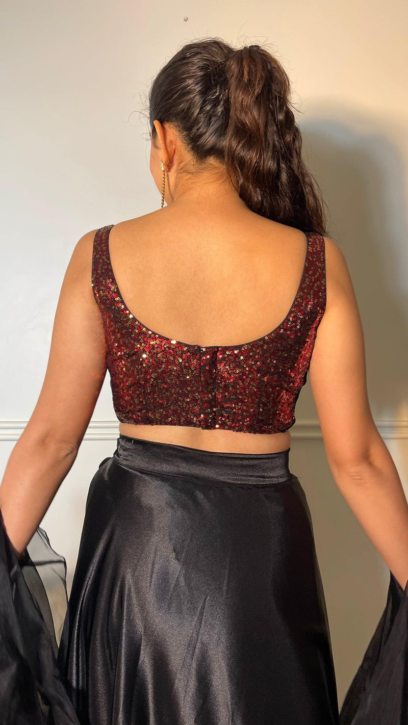 Sheela x Tyohaar | Sleeveless Black & Red Sequined Shimmer Saree Blouse with Round Neck-Binks