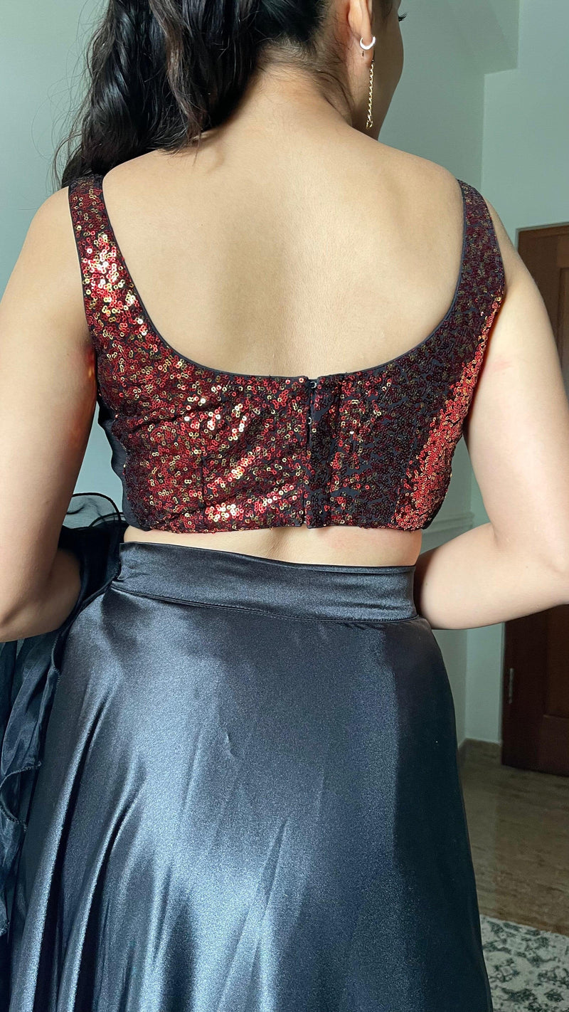 Sheela x Tyohaar | Sleeveless Black & Red Sequined Shimmer Saree Blouse with Round Neck-Binks