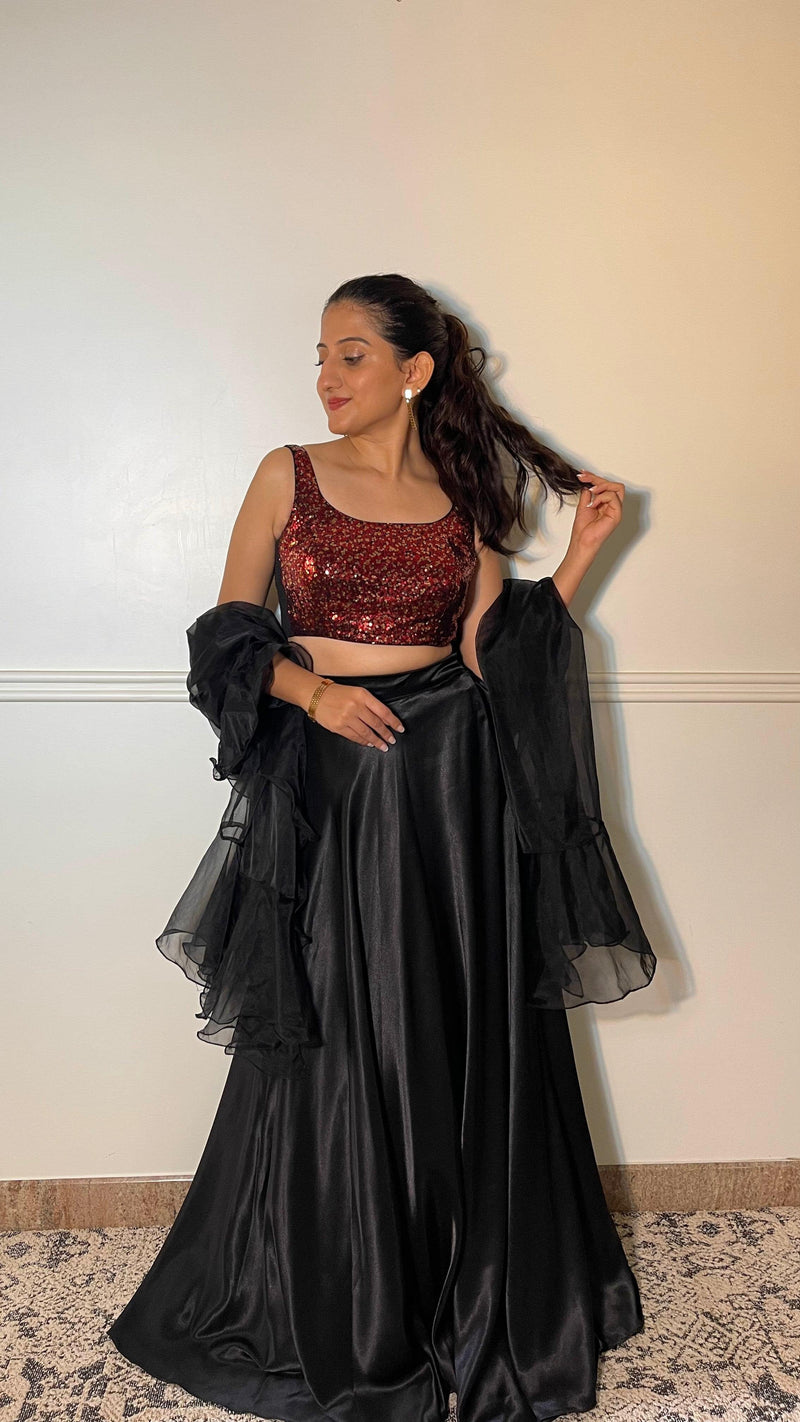 Sheela x Tyohaar | Sleeveless Black & Red Sequined Shimmer Saree Blouse with Round Neck-Binks