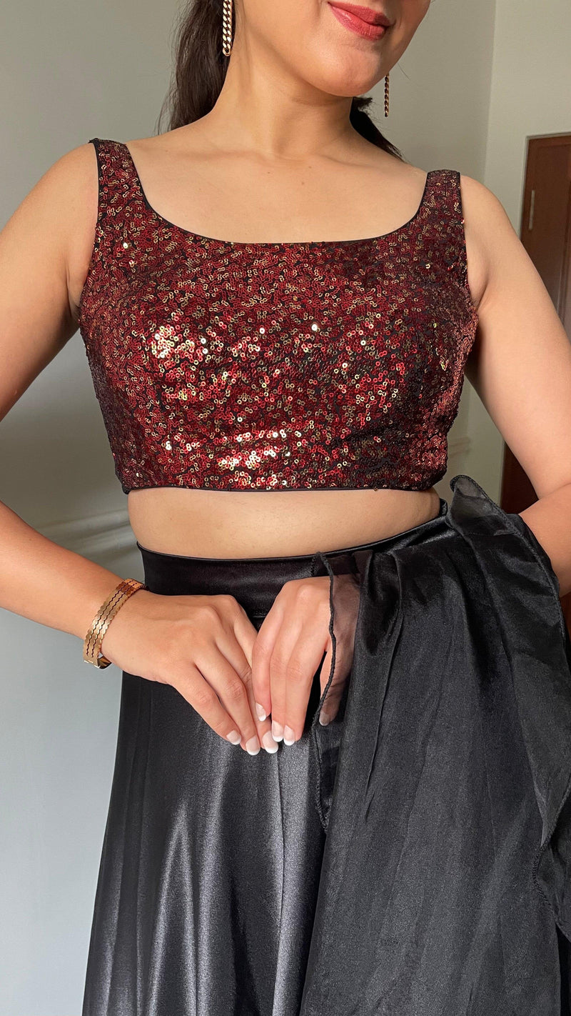 Sheela x Tyohaar | Sleeveless Black & Red Sequined Shimmer Saree Blouse with Round Neck-Binks