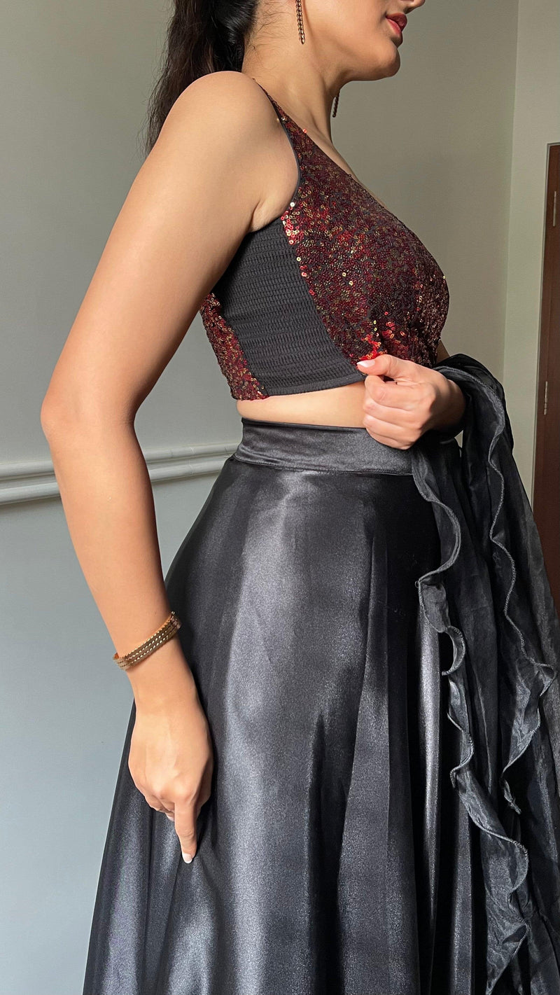 Sheela x Tyohaar | Sleeveless Black & Red Sequined Shimmer Saree Blouse with Round Neck-Binks