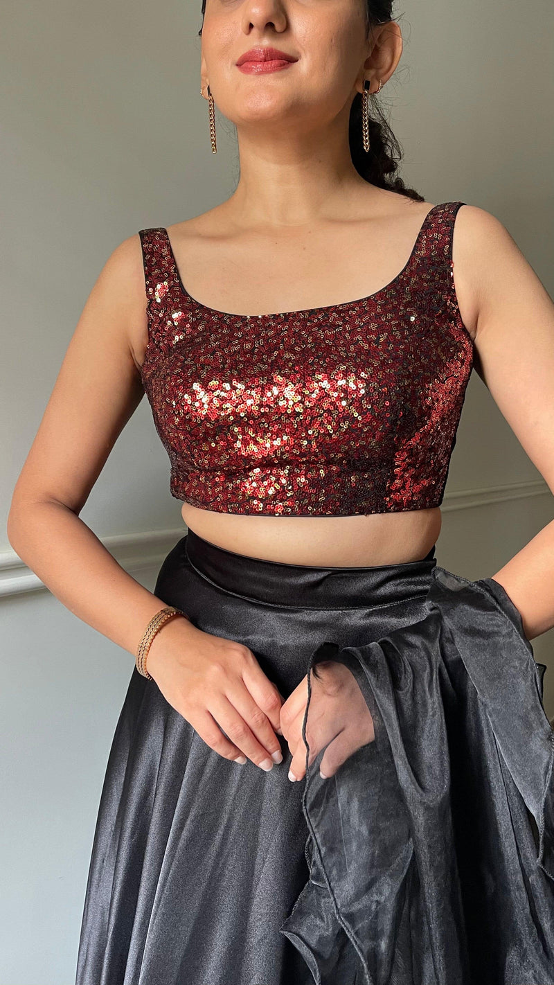 Sheela x Tyohaar | Sleeveless Black & Red Sequined Shimmer Saree Blouse with Round Neck-Binks