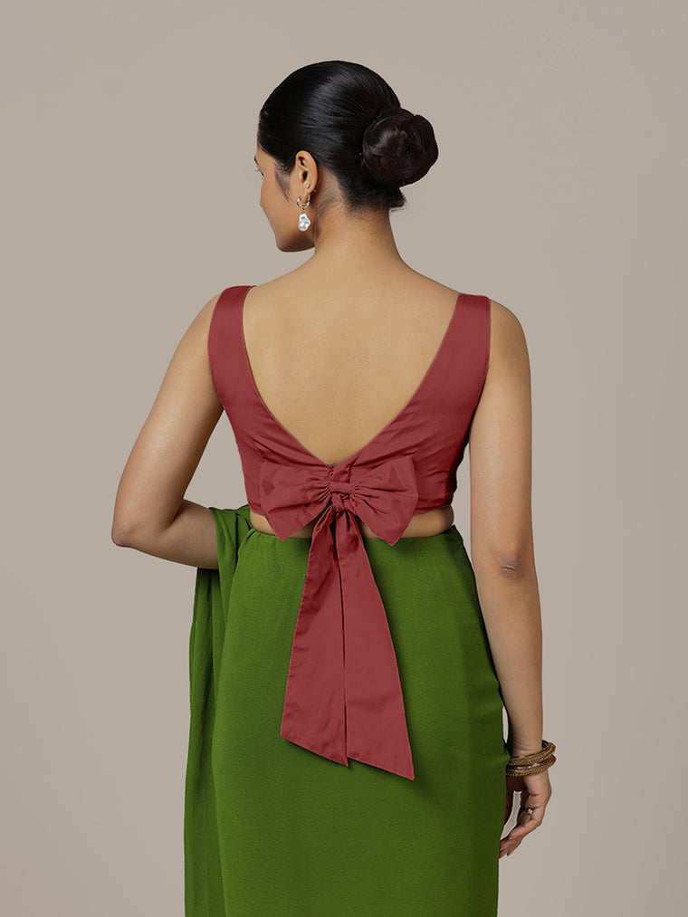 Sherry x Rozaana Saree Blouse, in Red Vegan Silk, featuring sleeveless and boat neckline, made for party & festive (view 2).