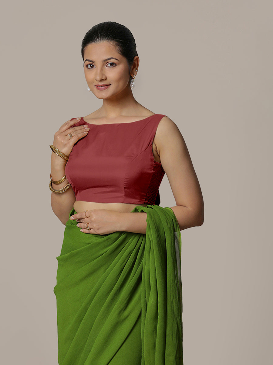 Sherry x Rozaana Saree Blouse, in Red Vegan Silk, featuring sleeveless and boat neckline, made for party & festive (view 5).